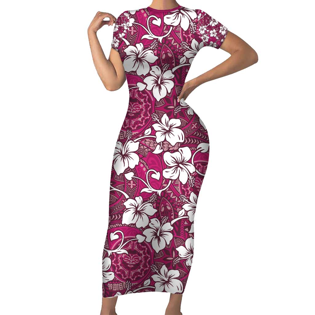 Piqi Bula Fiji Family Matching Short Sleeve Bodycon Dress and Hawaiian Shirt Fijian Tapa Seamless Hibiscus LT14 Mom's Dress Pink - Polynesian Pride