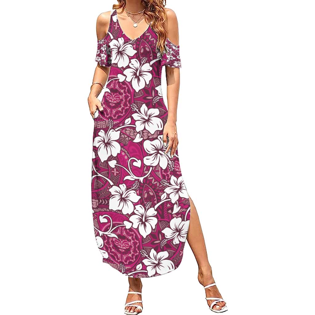 Piqi Bula Fiji Family Matching Summer Maxi Dress and Hawaiian Shirt Fijian Tapa Seamless Hibiscus LT14 Mom's Dress Pink - Polynesian Pride