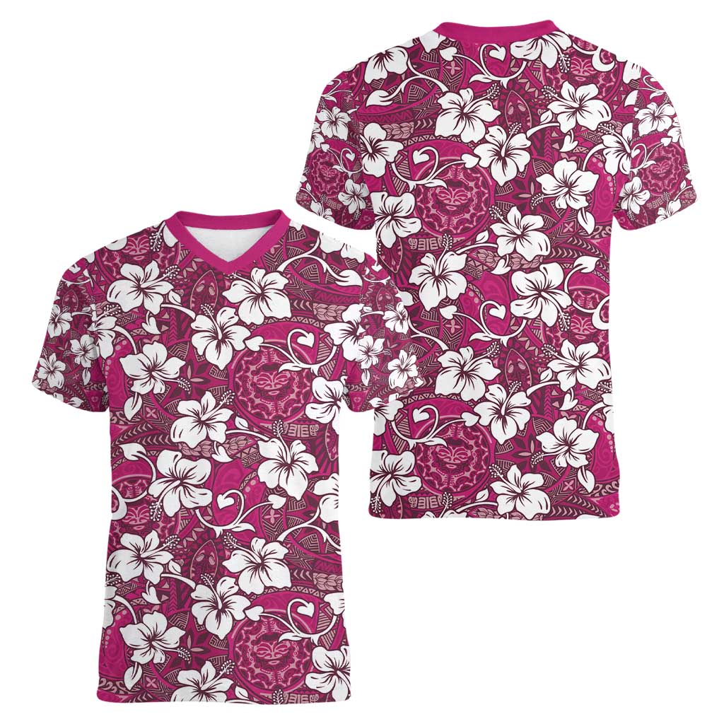 Piqi Bula Fiji Women V-Neck T-Shirt Fijian Tapa Seamless Hibiscus LT14 - Polynesian Pride