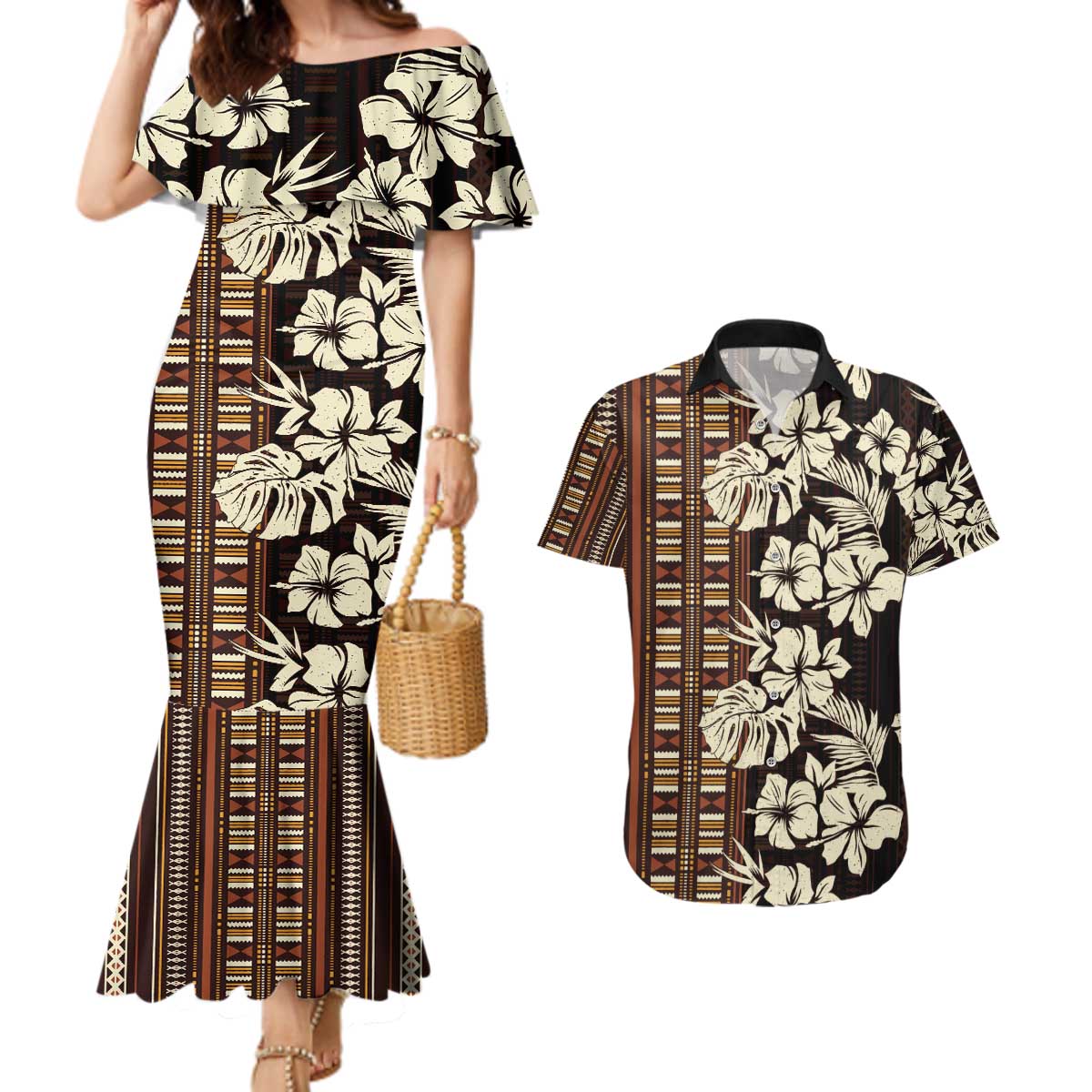 Bula Fiji Masi Couples Matching Mermaid Dress and Hawaiian Shirt Tapa Tropical Hibiscus Half Stylized - Polynesian Pride