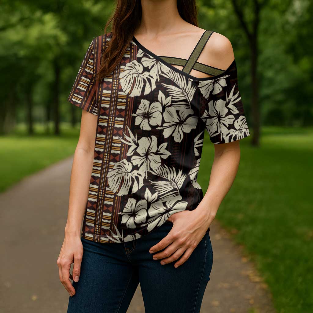 Bula Fiji Masi Cross Shoulder Shirt Tapa Tropical Hibiscus Half Stylized - Polynesian Pride