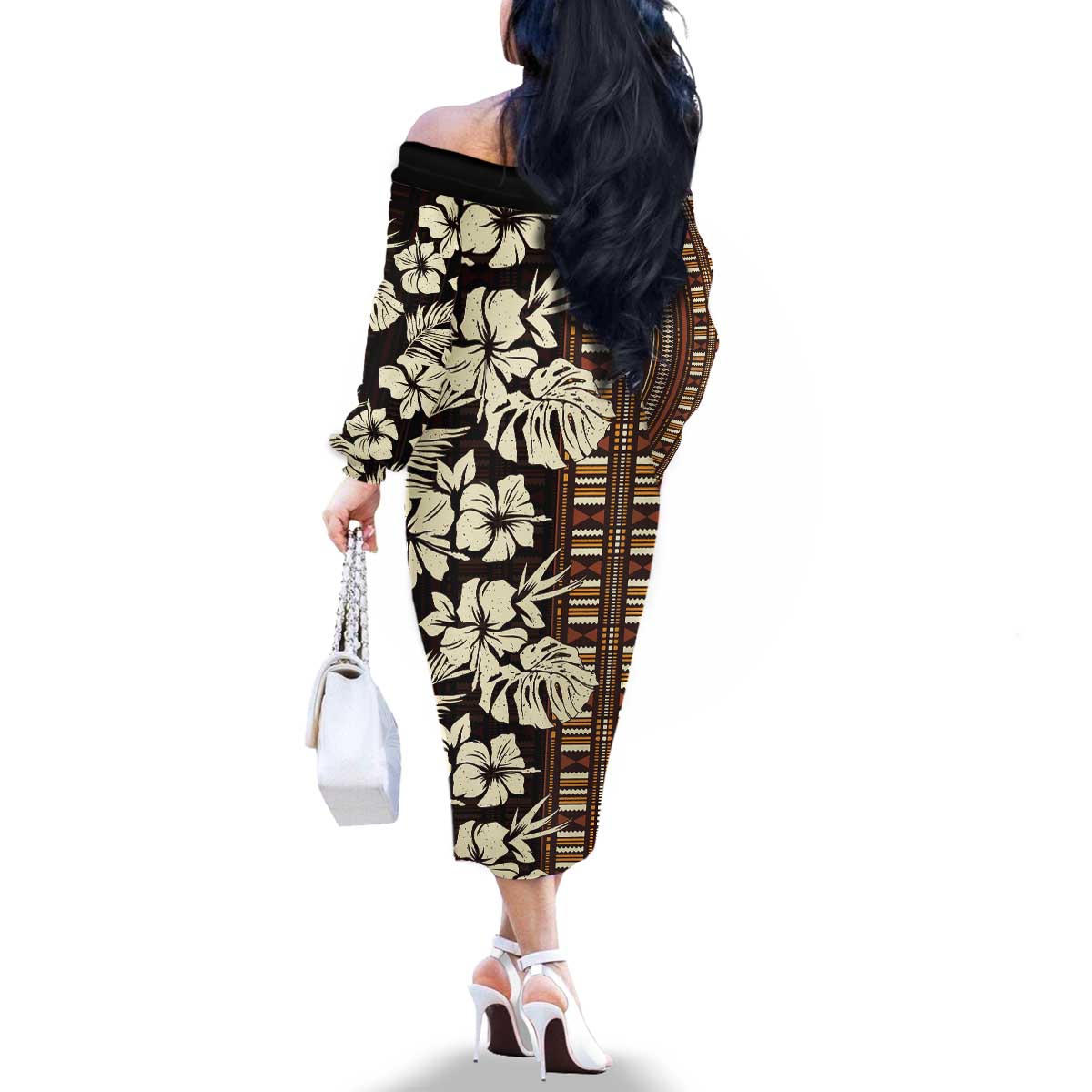 Bula Fiji Masi Family Matching Off The Shoulder Long Sleeve Dress and Hawaiian Shirt Tapa Tropical Hibiscus Half Stylized LT14 - Polynesian Pride