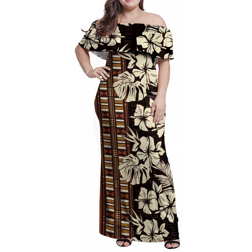 Bula Fiji Masi Family Matching Off Shoulder Maxi Dress and Hawaiian Shirt Tapa Tropical Hibiscus Half Stylized LT14 Mom's Dress Brown - Polynesian Pride