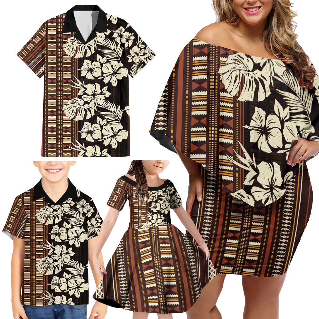 Bula Fiji Masi Family Matching Off Shoulder Short Dress and Hawaiian Shirt Tapa Tropical Hibiscus Half Stylized LT14 - Polynesian Pride