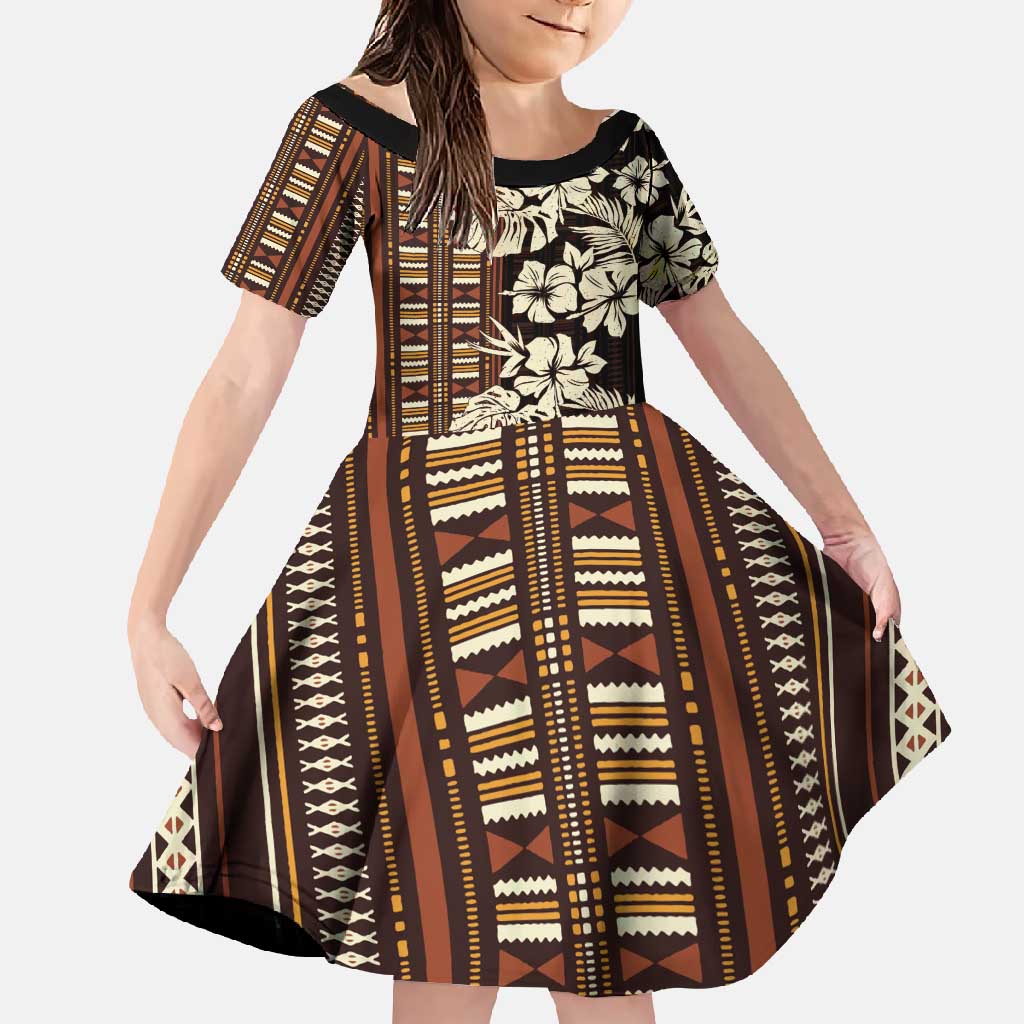 Bula Fiji Masi Family Matching Summer Maxi Dress and Hawaiian Shirt Tapa Tropical Hibiscus Half Stylized LT14 Daughter's Dress Brown - Polynesian Pride