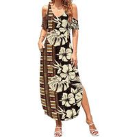 Bula Fiji Masi Family Matching Summer Maxi Dress and Hawaiian Shirt Tapa Tropical Hibiscus Half Stylized LT14 Mom's Dress Brown - Polynesian Pride