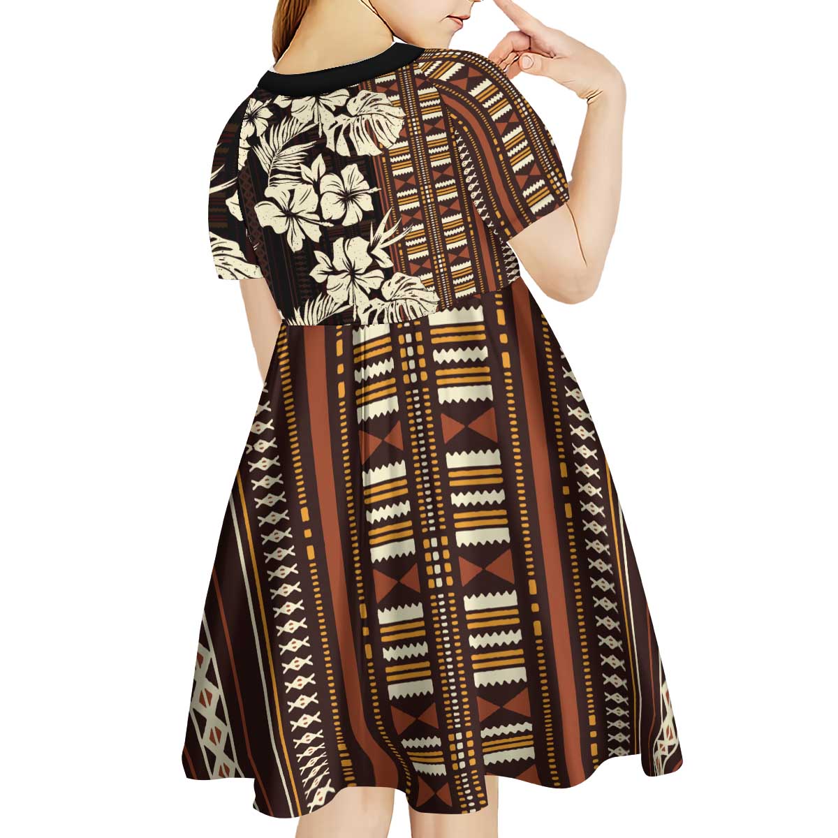 Bula Fiji Masi Kid Short Sleeve Dress Tapa Tropical Hibiscus Half Stylized - Polynesian Pride