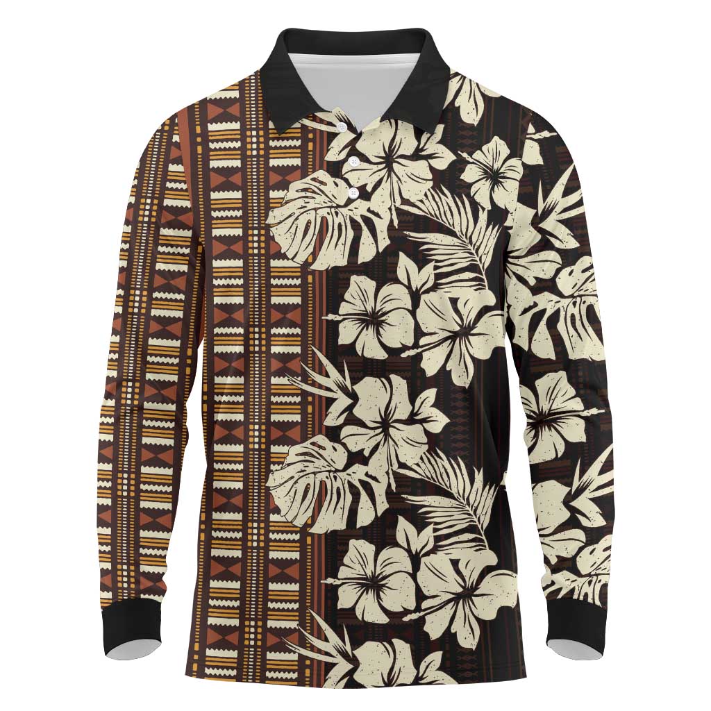 Bula Fiji Masi Long Sleeve Polo Shirt Tapa Tropical Hibiscus Half Stylized LT14 Brown - Polynesian Pride