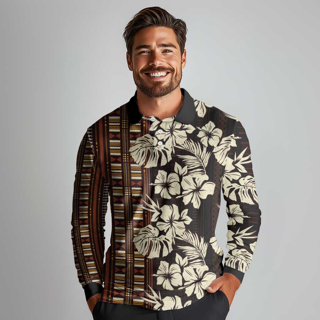 Bula Fiji Masi Long Sleeve Polo Shirt Tapa Tropical Hibiscus Half Stylized LT14 - Polynesian Pride