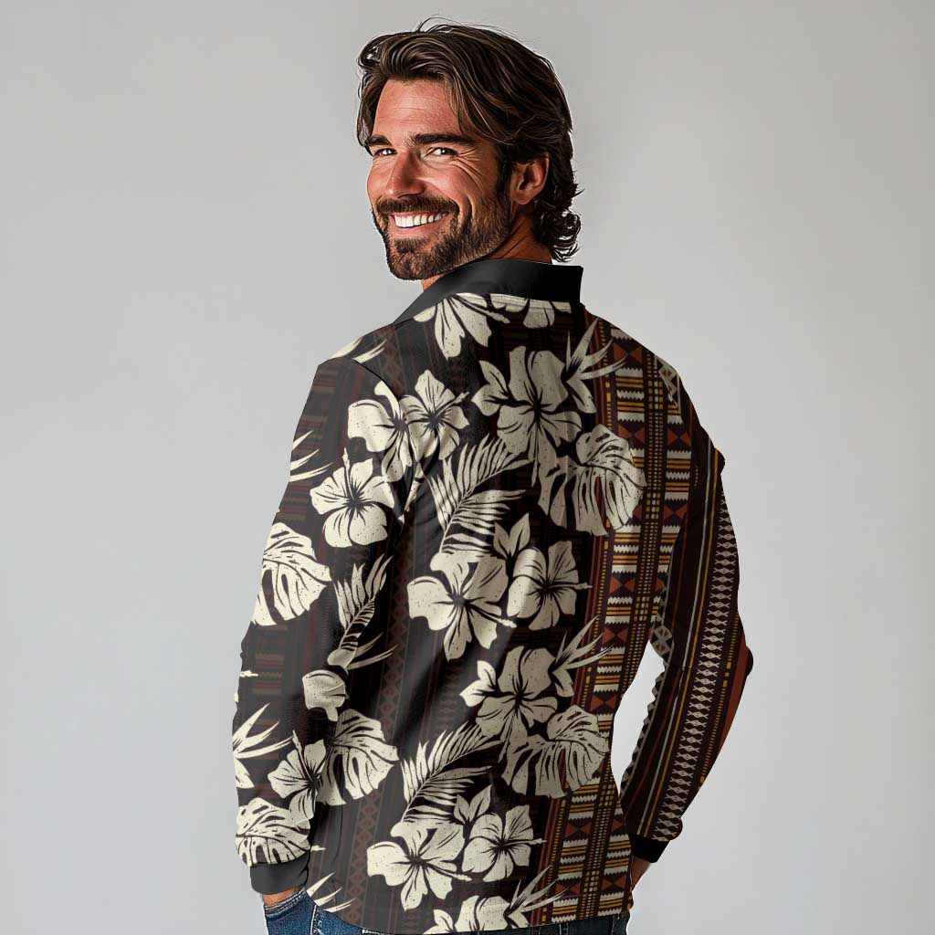 Bula Fiji Masi Long Sleeve Polo Shirt Tapa Tropical Hibiscus Half Stylized LT14 - Polynesian Pride