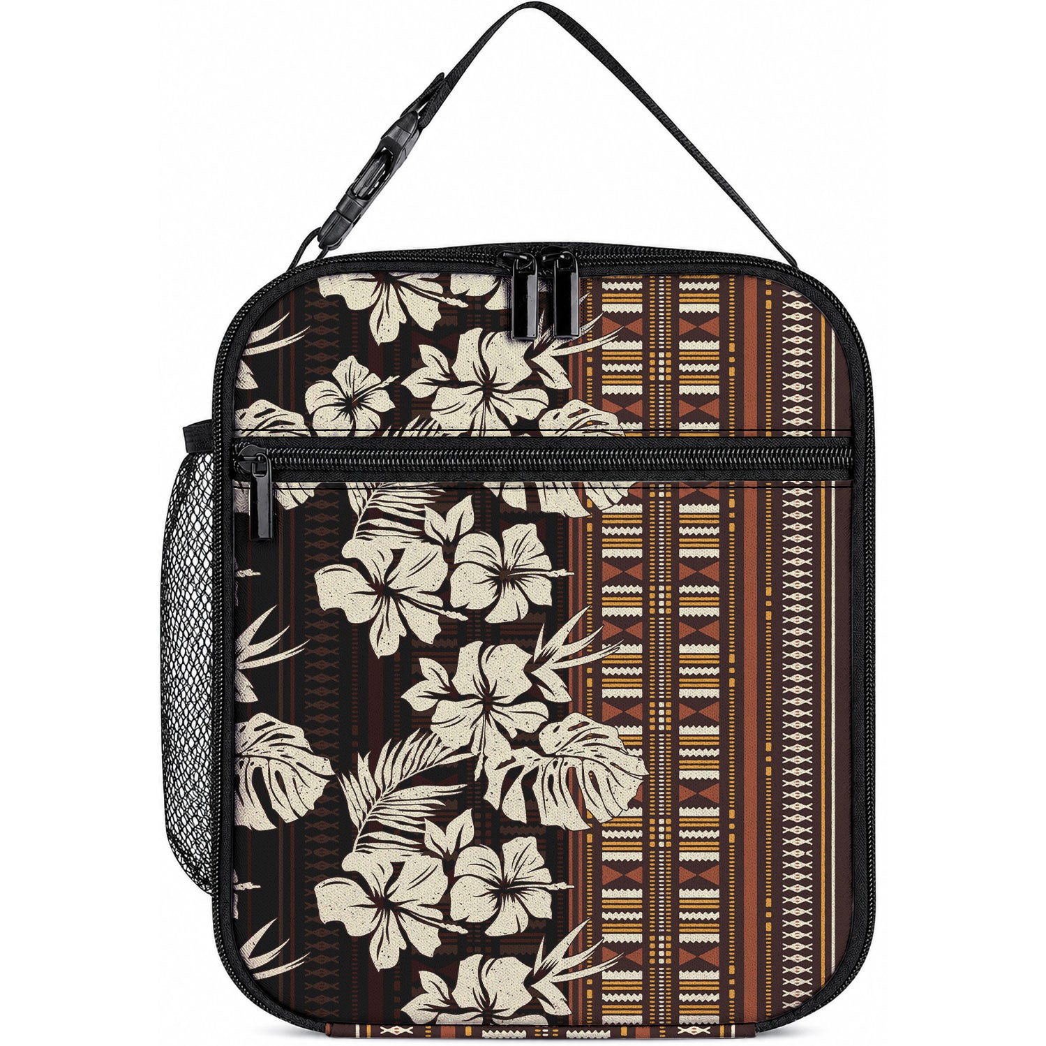 Bula Fiji Masi Lunch Bag Tapa Tropical Hibiscus Half Stylized LT14 10.2 × 8.3 × 4.3 inch Brown - Polynesian Pride