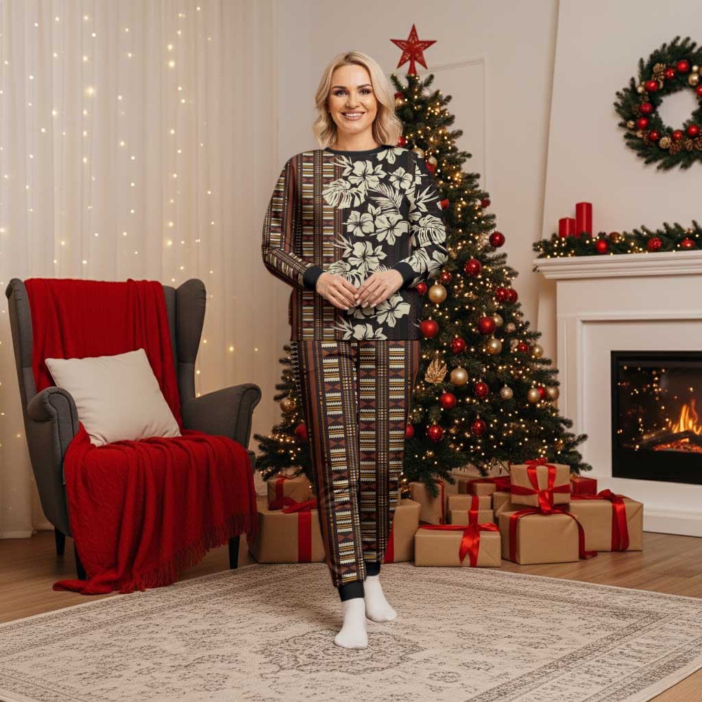 Bula Fiji Masi Christmas Pajama Set Tapa Tropical Hibiscus Half Stylized - Polynesian Pride