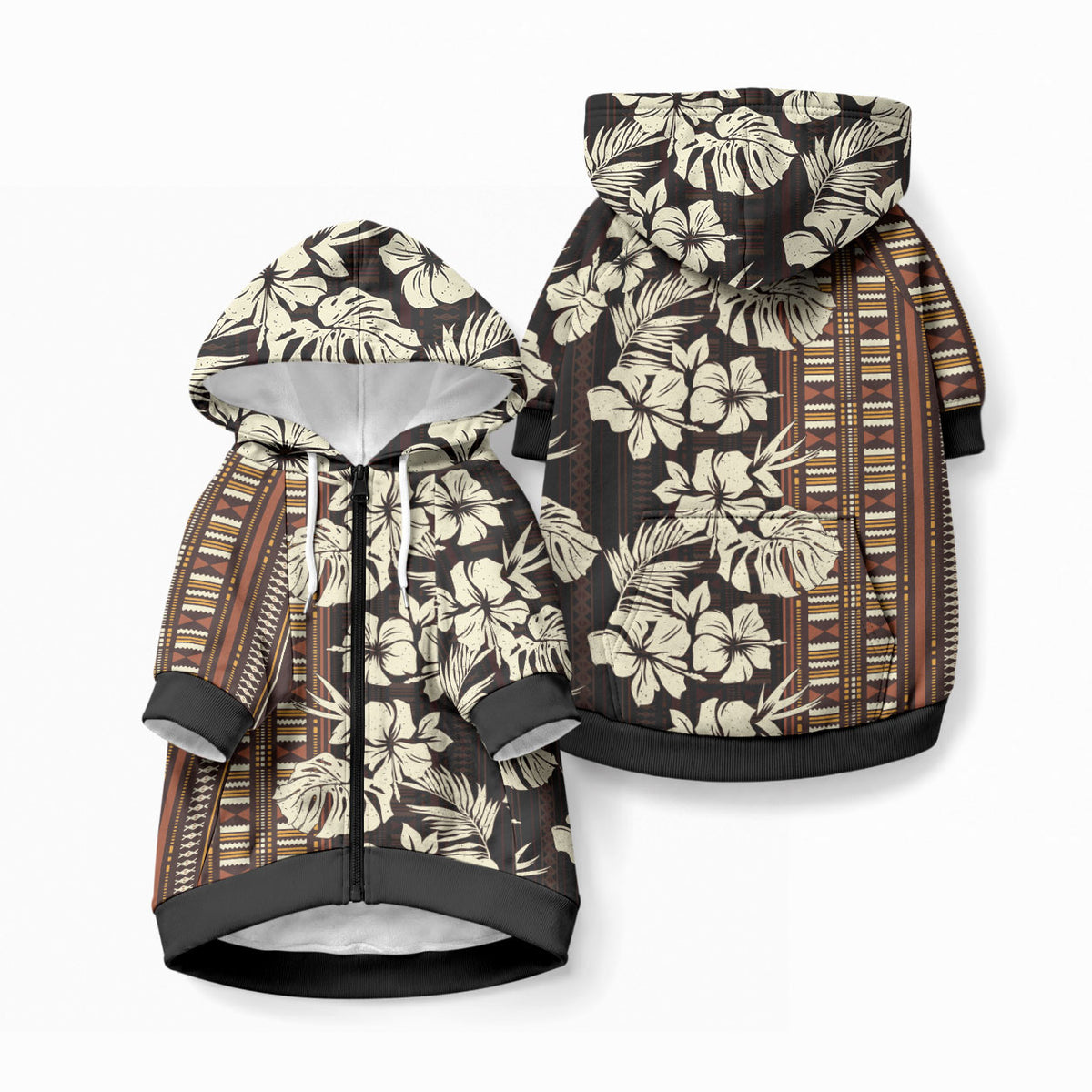 Bula Fiji Masi Pet Hoodie Tapa Tropical Hibiscus Half Stylized LT14 Zip-up Brown - Polynesian Pride