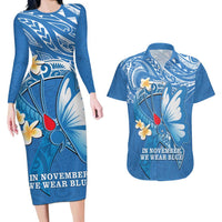 Polynesia Diabetes Awareness Month Couples Matching Long Sleeve Bodycon Dress and Hawaiian Shirt In November We Wear Blue LT14 Blue - Polynesian Pride