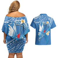 Polynesia Diabetes Awareness Month Couples Matching Off Shoulder Short Dress and Hawaiian Shirt In November We Wear Blue