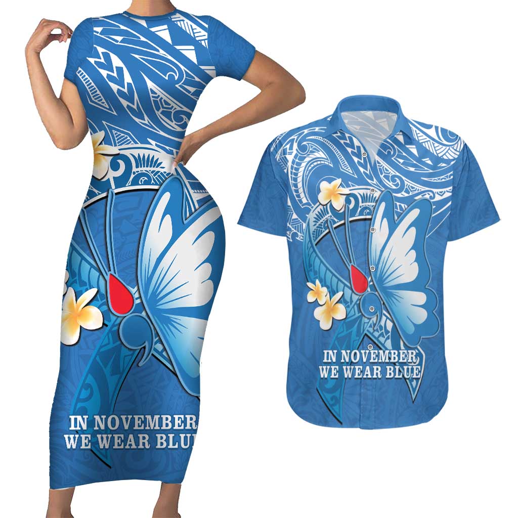 Polynesia Diabetes Awareness Month Couples Matching Short Sleeve Bodycon Dress and Hawaiian Shirt In November We Wear Blue LT14 Blue - Polynesian Pride
