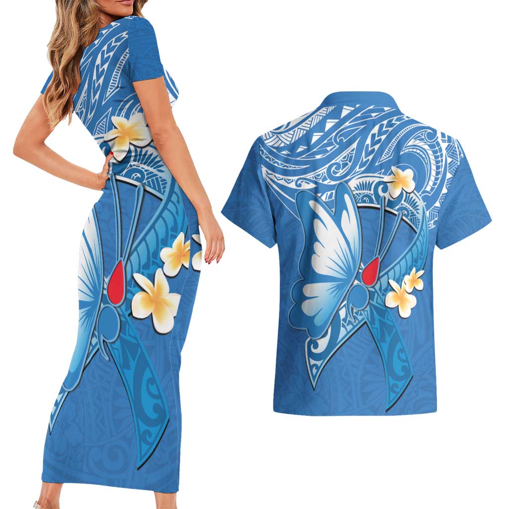 Polynesia Diabetes Awareness Month Couples Matching Short Sleeve Bodycon Dress and Hawaiian Shirt In November We Wear Blue LT14 - Polynesian Pride