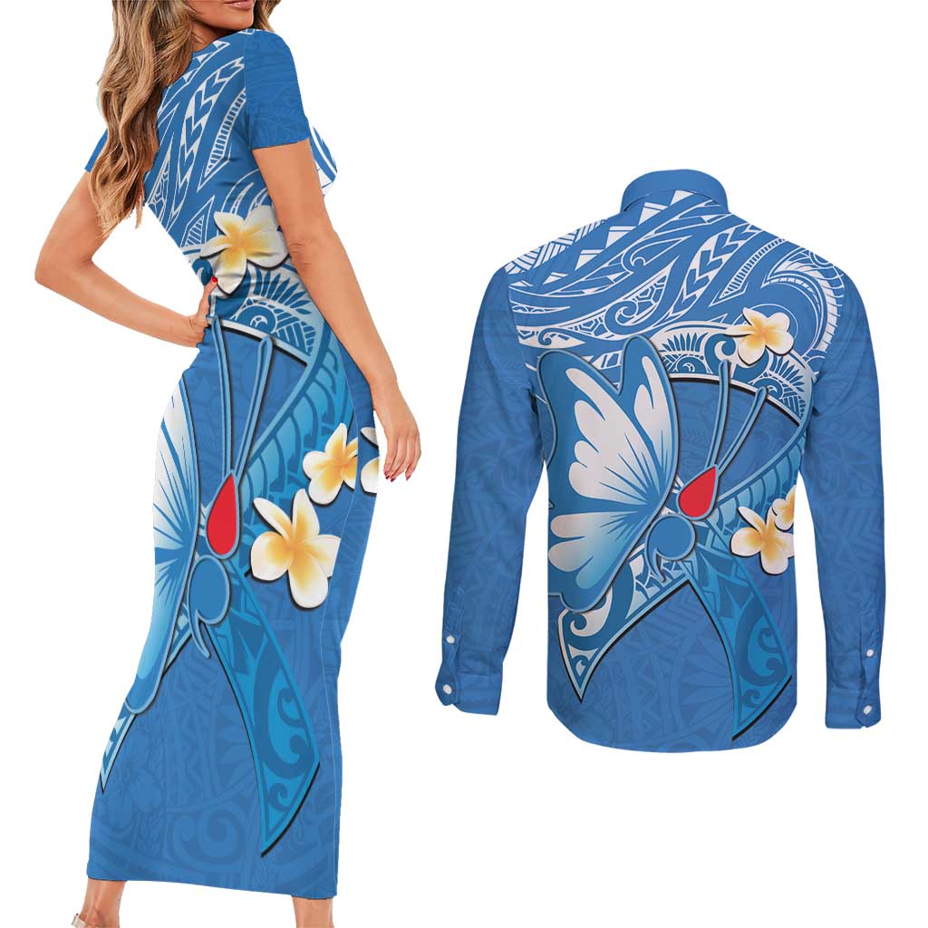 Polynesia Diabetes Awareness Month Couples Matching Short Sleeve Bodycon Dress and Long Sleeve Button Shirt In November We Wear Blue
