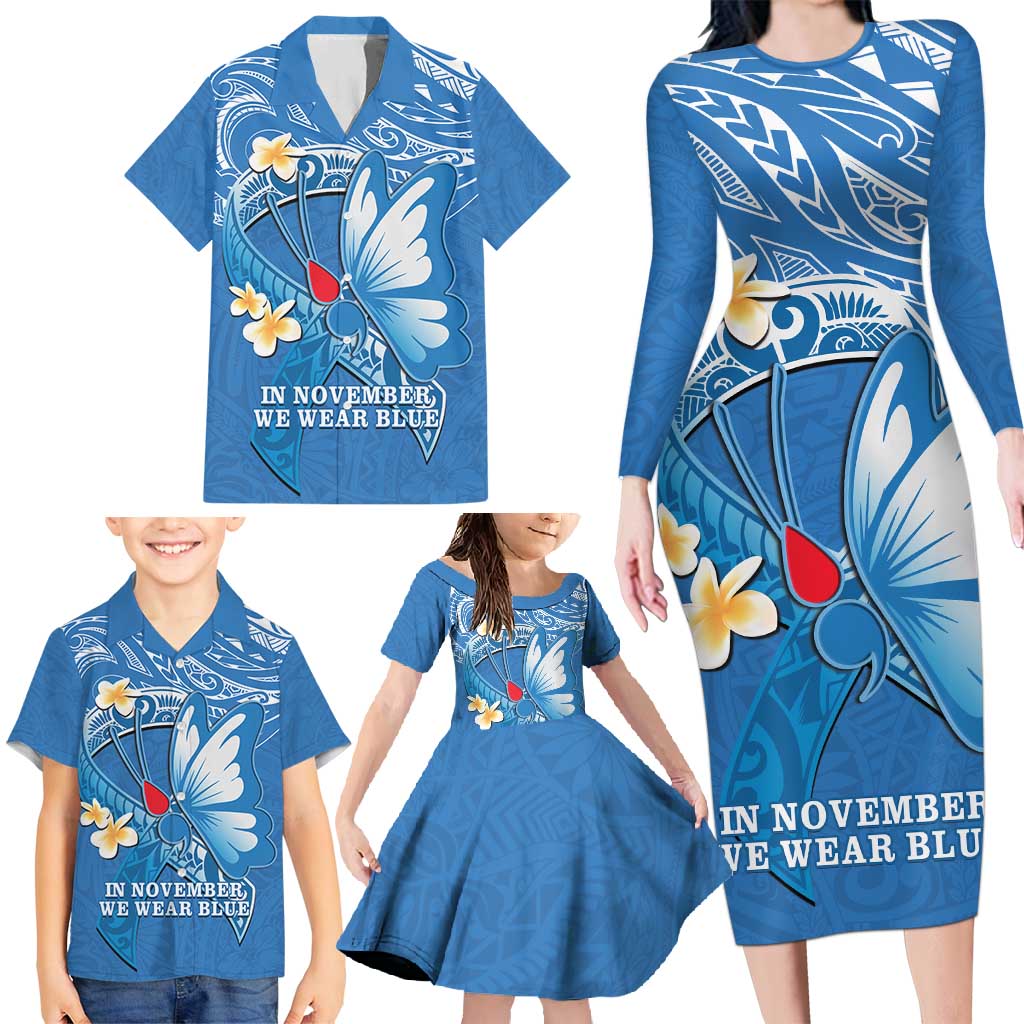 Polynesia Diabetes Awareness Month Family Matching Long Sleeve Bodycon Dress and Hawaiian Shirt In November We Wear Blue LT14 - Polynesian Pride