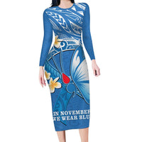 Polynesia Diabetes Awareness Month Family Matching Long Sleeve Bodycon Dress and Hawaiian Shirt In November We Wear Blue LT14 Mom's Dress Blue - Polynesian Pride