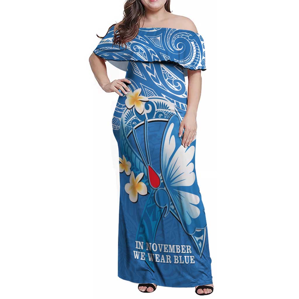 Polynesia Diabetes Awareness Month Family Matching Off Shoulder Maxi Dress and Hawaiian Shirt In November We Wear Blue LT14 Mom's Dress Blue - Polynesian Pride