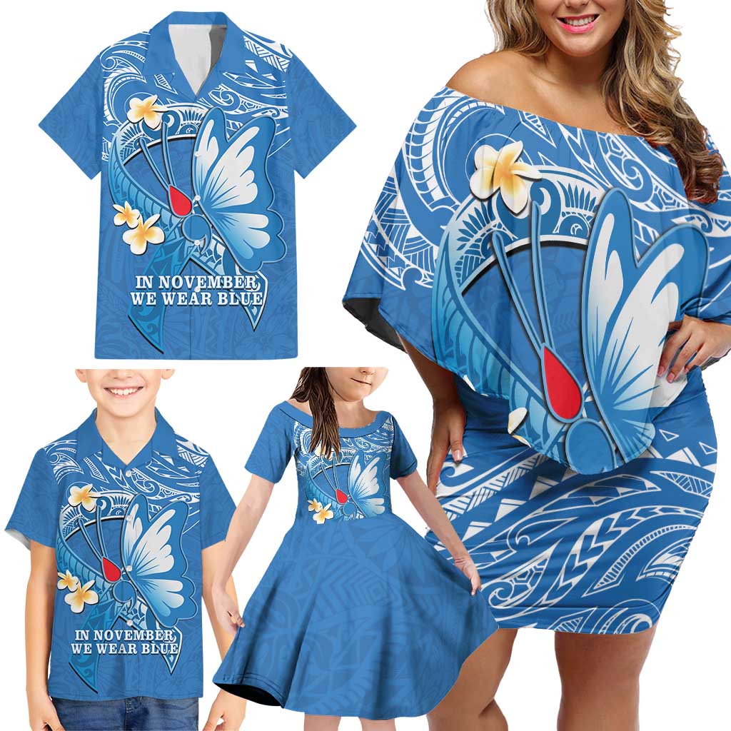 Polynesia Diabetes Awareness Month Family Matching Off Shoulder Short Dress and Hawaiian Shirt In November We Wear Blue LT14 - Polynesian Pride