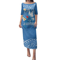 Polynesia Diabetes Awareness Month Family Matching Puletasi and Hawaiian Shirt In November We Wear Blue LT14 Mom's Dress Blue - Polynesian Pride