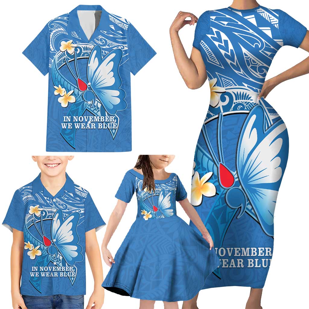Polynesia Diabetes Awareness Month Family Matching Short Sleeve Bodycon Dress and Hawaiian Shirt In November We Wear Blue LT14 - Polynesian Pride