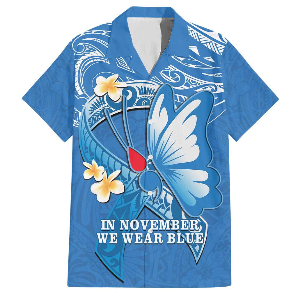 Polynesia Diabetes Awareness Month Family Matching Tank Maxi Dress and Hawaiian Shirt In November We Wear Blue LT14 Dad's Shirt - Short Sleeve Blue - Polynesian Pride