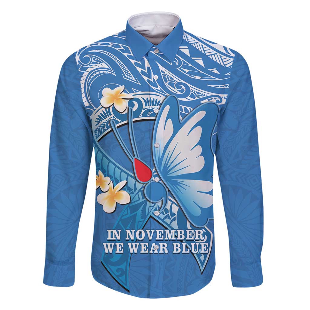 Polynesia Diabetes Awareness Month Family Matching Tank Maxi Dress and Hawaiian Shirt In November We Wear Blue LT14 Dad's Shirt - Long Sleeve Blue - Polynesian Pride