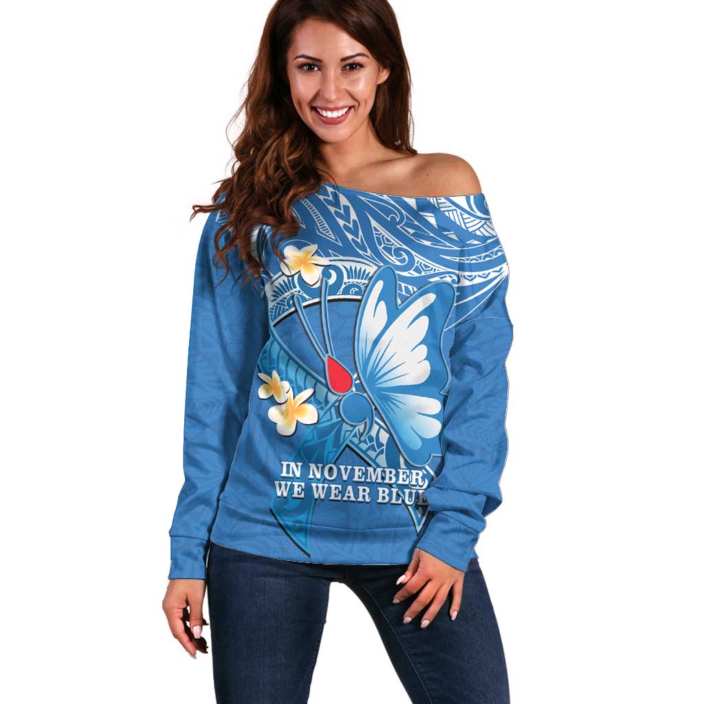 Polynesia Diabetes Awareness Month Off Shoulder Sweater In November We Wear Blue LT14 Women Blue - Polynesian Pride