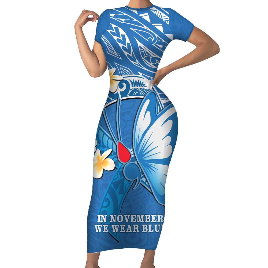 Polynesia Diabetes Awareness Month Short Sleeve Bodycon Dress In November We Wear Blue LT14 Long Dress Blue - Polynesian Pride