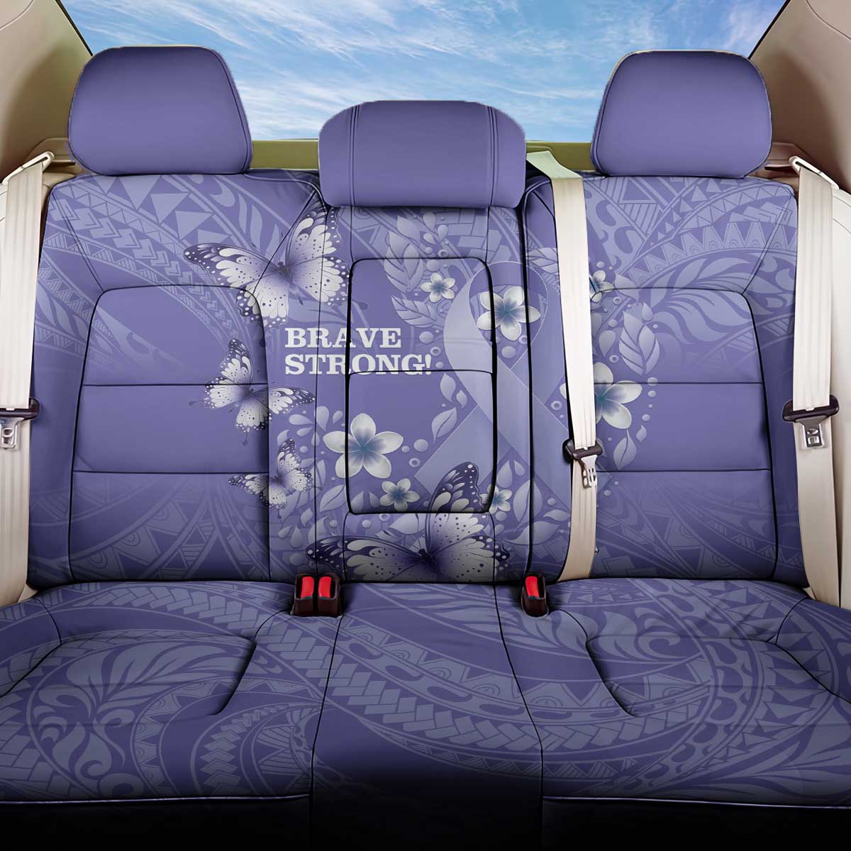 Polynesia Stomach Cancer Awareness Back Car Seat Cover Periwinkle Ribbon Brave Strong! LT14 One Size Periwinkle - Polynesian Pride