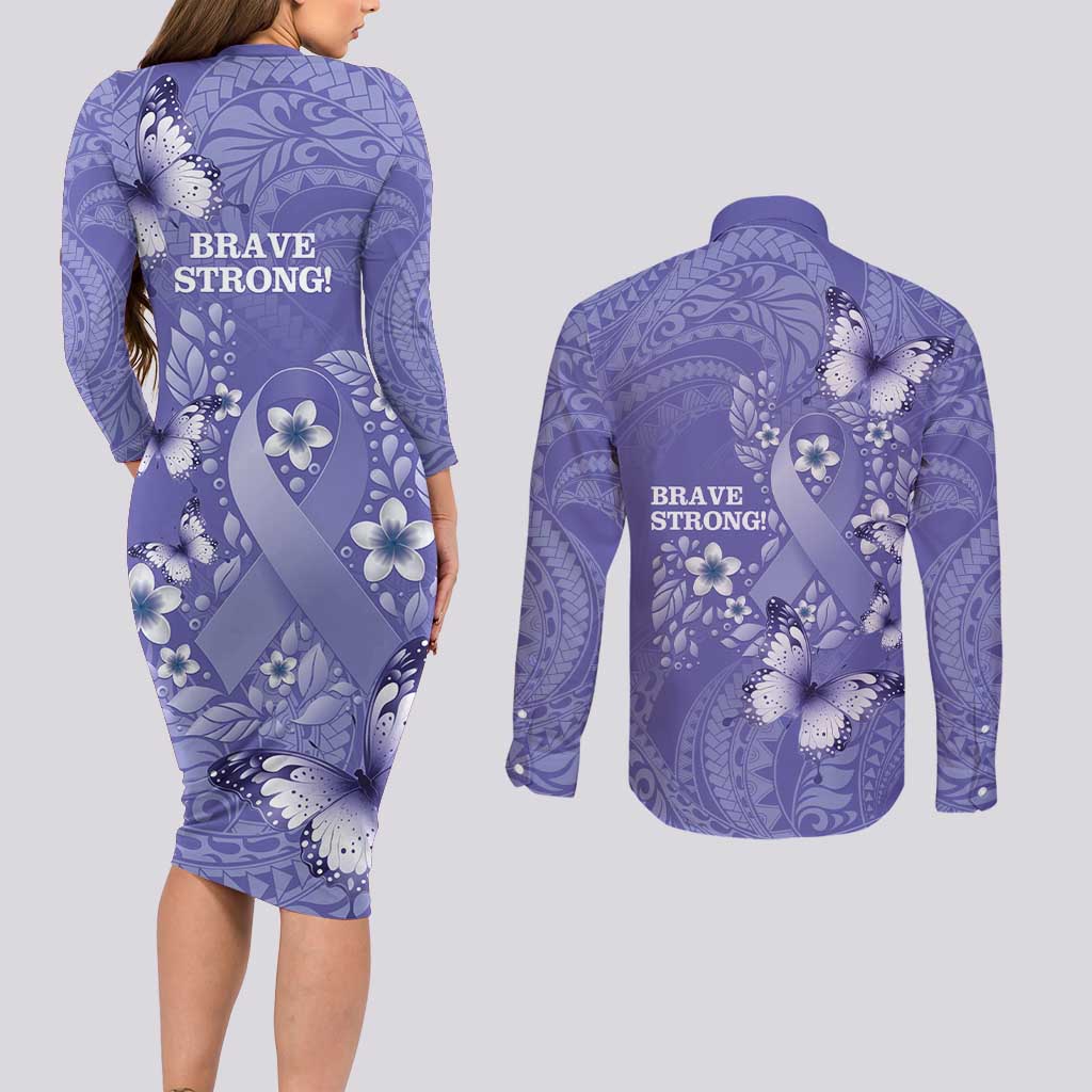 Polynesia Stomach Cancer Awareness Couples Matching Long Sleeve Bodycon Dress and Long Sleeve Button Shirt Periwinkle Ribbon Brave Strong!