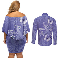 Polynesia Stomach Cancer Awareness Couples Matching Off Shoulder Short Dress and Long Sleeve Button Shirt Periwinkle Ribbon Brave Strong!