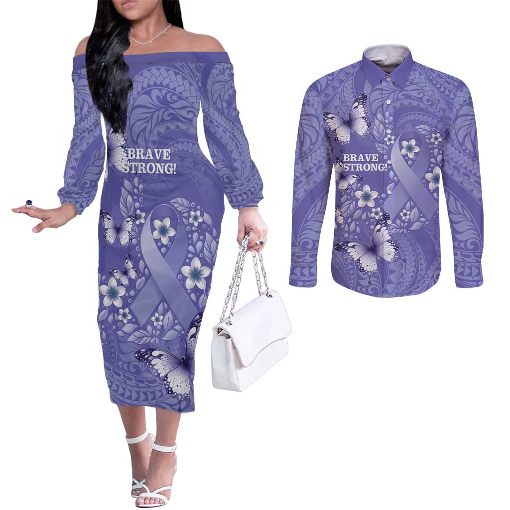 Polynesia Stomach Cancer Awareness Couples Matching Off The Shoulder Long Sleeve Dress and Long Sleeve Button Shirt Periwinkle Ribbon Brave Strong!