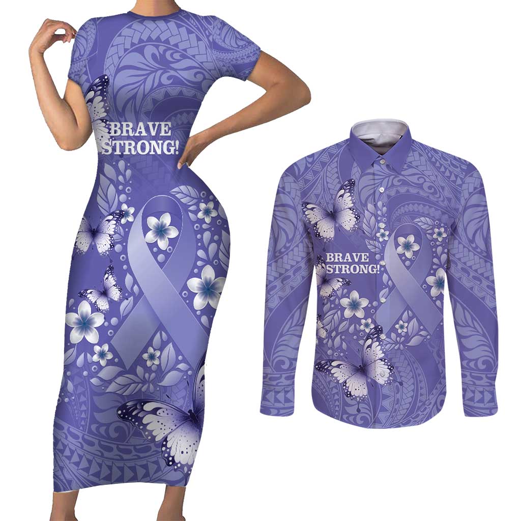 Polynesia Stomach Cancer Awareness Couples Matching Short Sleeve Bodycon Dress and Long Sleeve Button Shirt Periwinkle Ribbon Brave Strong!