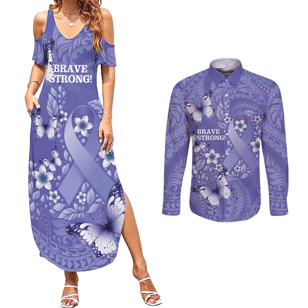 Polynesia Stomach Cancer Awareness Couples Matching Summer Maxi Dress and Long Sleeve Button Shirt Periwinkle Ribbon Brave Strong!