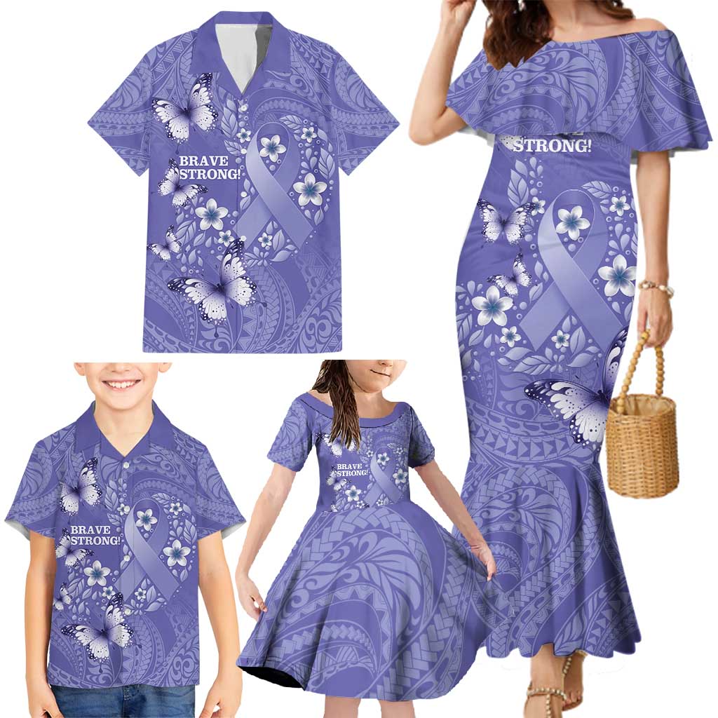 Polynesia Stomach Cancer Awareness Family Matching Mermaid Dress and Hawaiian Shirt Periwinkle Ribbon Brave Strong! LT14 - Polynesian Pride