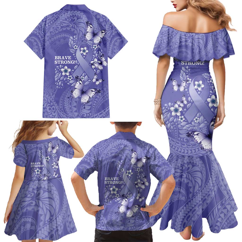 Polynesia Stomach Cancer Awareness Family Matching Mermaid Dress and Hawaiian Shirt Periwinkle Ribbon Brave Strong! LT14 - Polynesian Pride