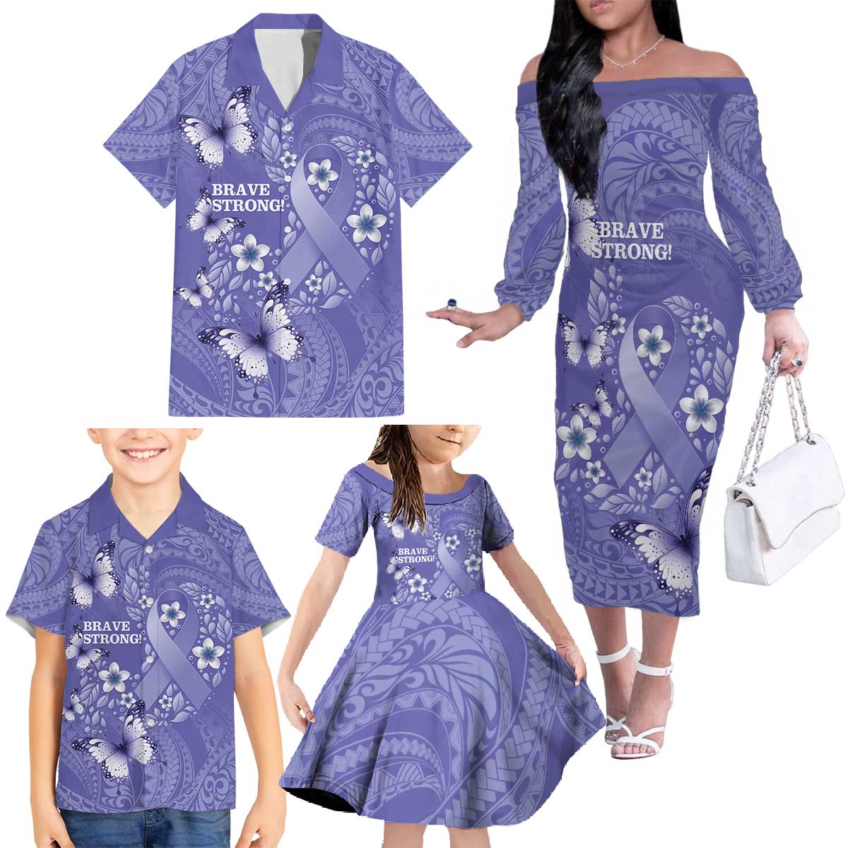 Polynesia Stomach Cancer Awareness Family Matching Off The Shoulder Long Sleeve Dress and Hawaiian Shirt Periwinkle Ribbon Brave Strong! LT14 - Polynesian Pride