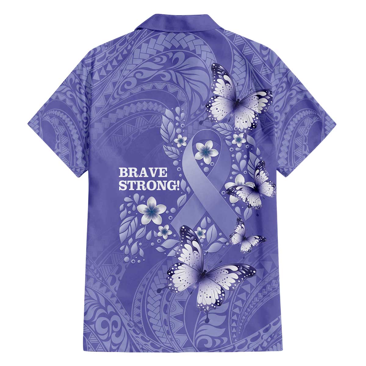 Polynesia Stomach Cancer Awareness Family Matching Off The Shoulder Long Sleeve Dress and Hawaiian Shirt Periwinkle Ribbon Brave Strong! LT14 - Polynesian Pride