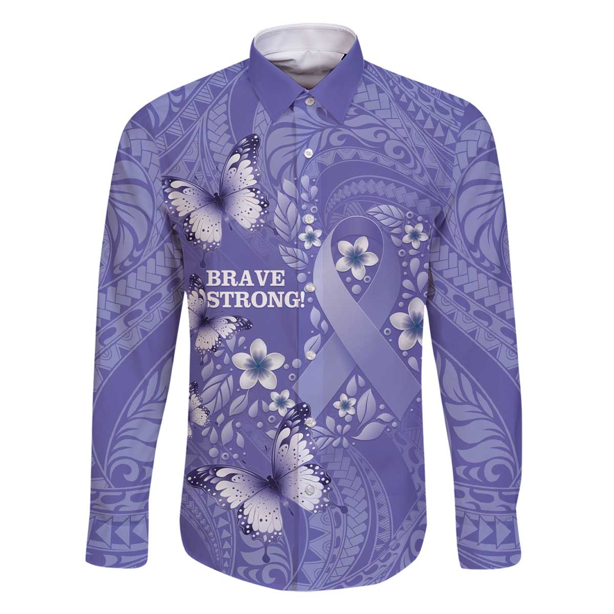 Polynesia Stomach Cancer Awareness Family Matching Off The Shoulder Long Sleeve Dress and Hawaiian Shirt Periwinkle Ribbon Brave Strong! LT14 Dad's Shirt - Long Sleeve Periwinkle - Polynesian Pride