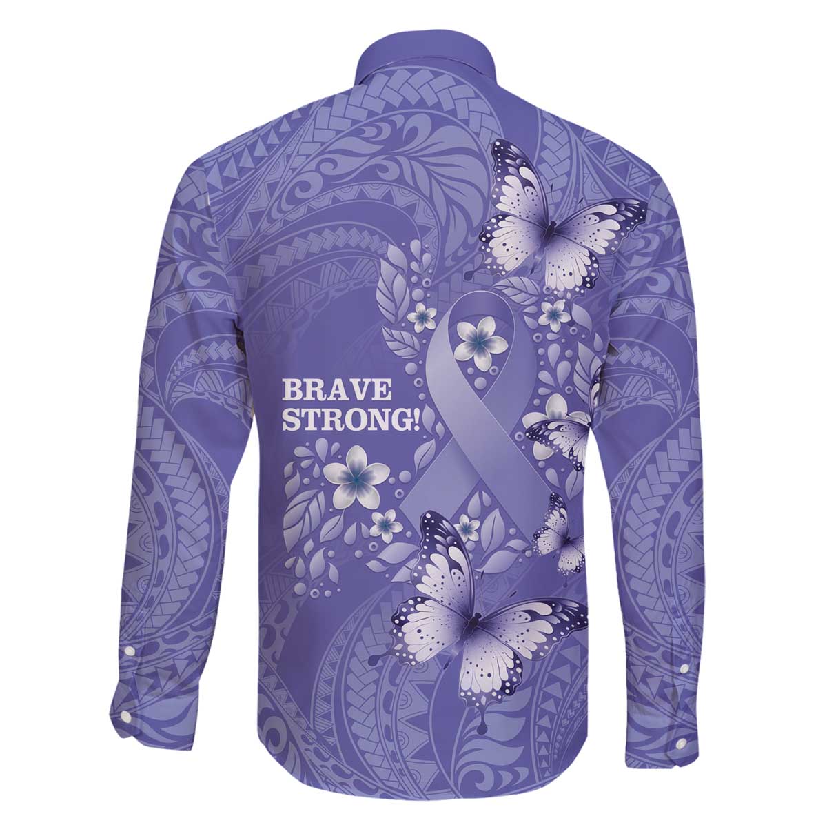 Polynesia Stomach Cancer Awareness Family Matching Off The Shoulder Long Sleeve Dress and Hawaiian Shirt Periwinkle Ribbon Brave Strong! LT14 - Polynesian Pride