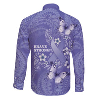 Polynesia Stomach Cancer Awareness Family Matching Off The Shoulder Long Sleeve Dress and Hawaiian Shirt Periwinkle Ribbon Brave Strong! LT14 - Polynesian Pride