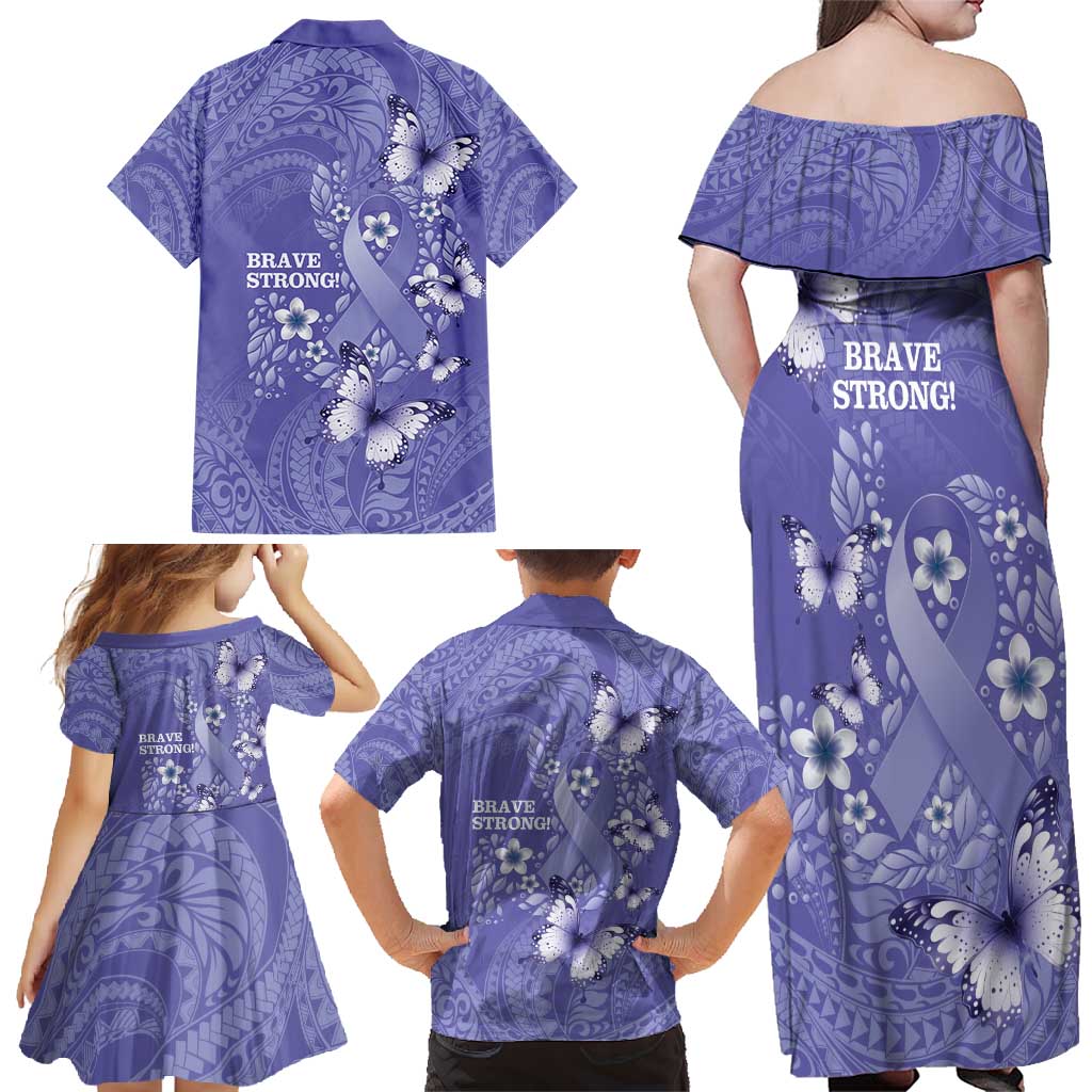Polynesia Stomach Cancer Awareness Family Matching Off Shoulder Maxi Dress and Hawaiian Shirt Periwinkle Ribbon Brave Strong! LT14 - Polynesian Pride