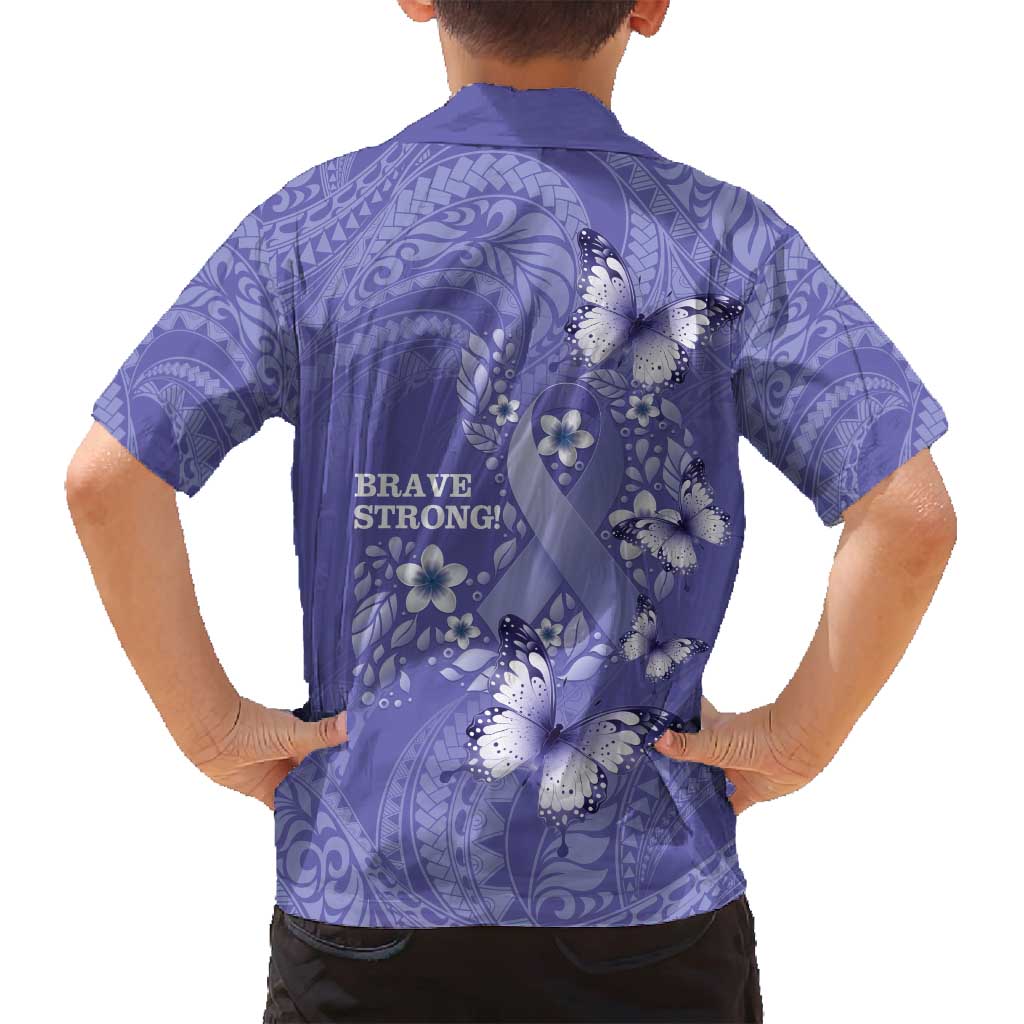 Polynesia Stomach Cancer Awareness Family Matching Off Shoulder Short Dress and Hawaiian Shirt Periwinkle Ribbon Brave Strong! LT14 - Polynesian Pride