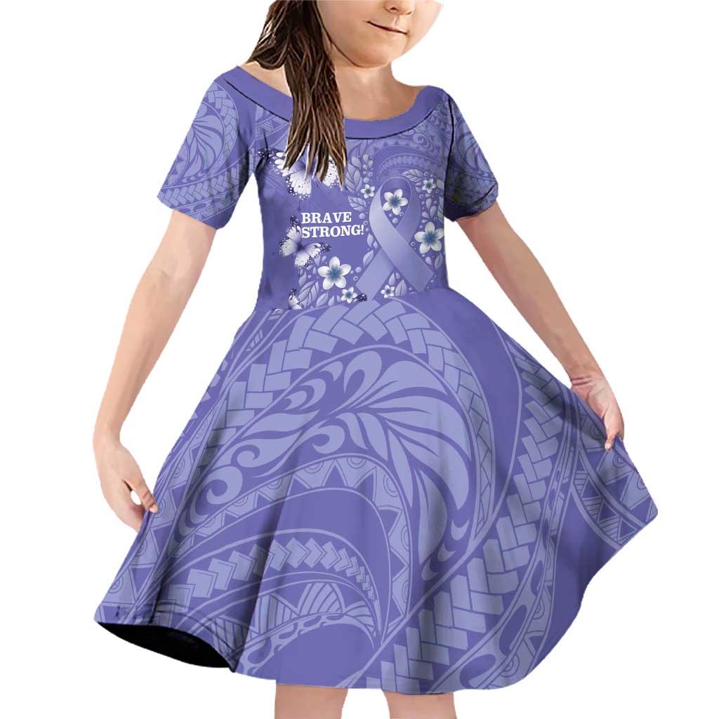 Polynesia Stomach Cancer Awareness Family Matching Off Shoulder Short Dress and Hawaiian Shirt Periwinkle Ribbon Brave Strong! LT14 Daughter's Dress Periwinkle - Polynesian Pride