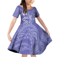 Polynesia Stomach Cancer Awareness Family Matching Off Shoulder Short Dress and Hawaiian Shirt Periwinkle Ribbon Brave Strong! LT14 Daughter's Dress Periwinkle - Polynesian Pride