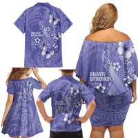 Polynesia Stomach Cancer Awareness Family Matching Off Shoulder Short Dress and Hawaiian Shirt Periwinkle Ribbon Brave Strong! LT14 - Polynesian Pride